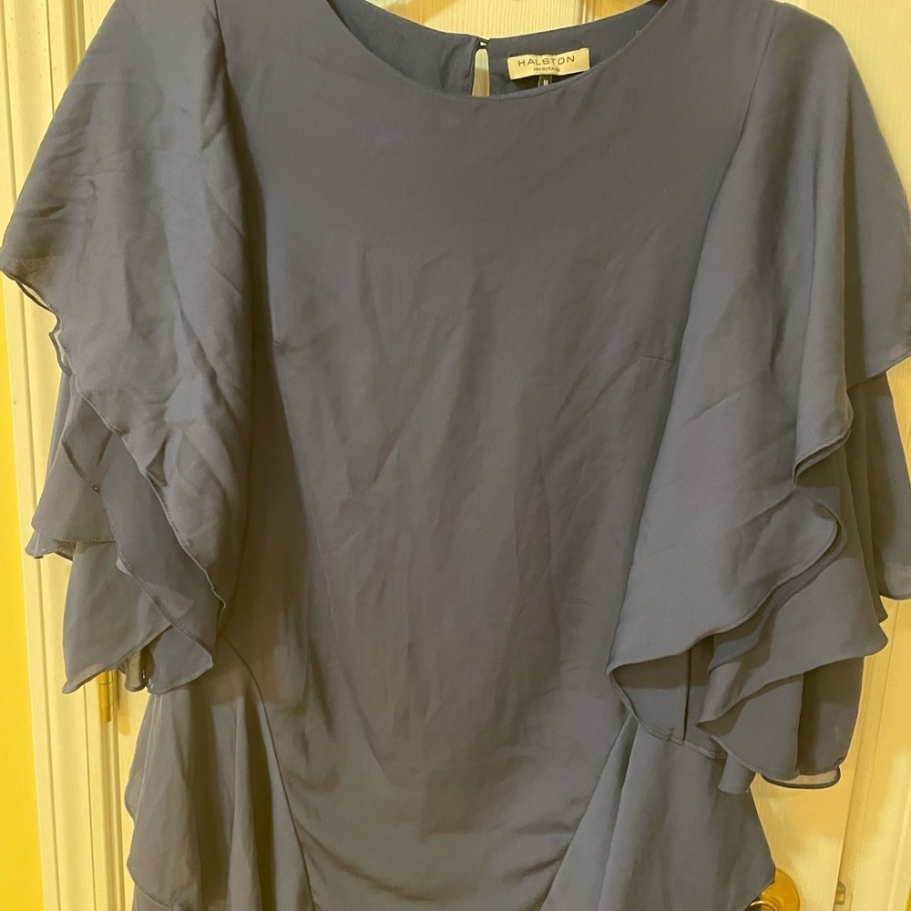 Halston Heritage Navy Chiffon Flutter Sleeve Blouse Size M 💙✨